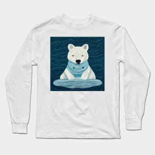 Cute cartoon winter white polar bear wearing an ice blue scarf. Long Sleeve T-Shirt